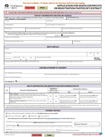 Download Canada Vital statistics agency of British Columbia death certificate Photoshop template